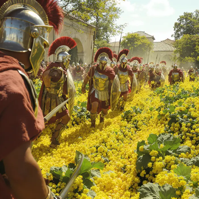 Ilustração de legionários romanos em uma floresta mística